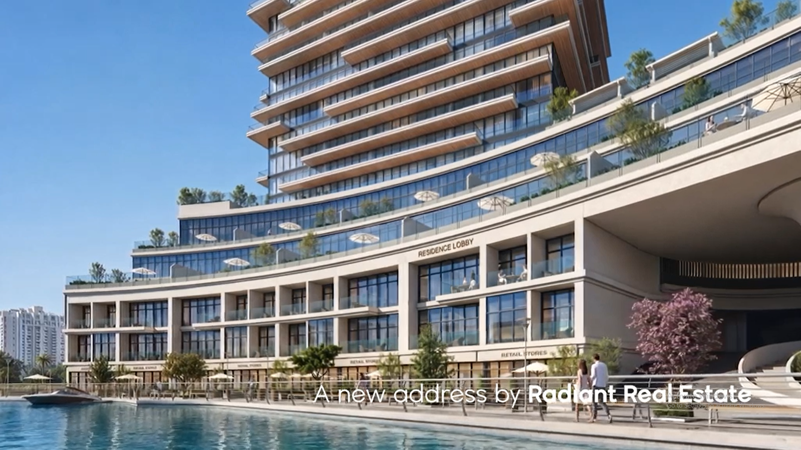 Radiant Terrace canal‑front façade showcasing modern architecture, mirror design, and premium waterfront living on Al Reem Island.