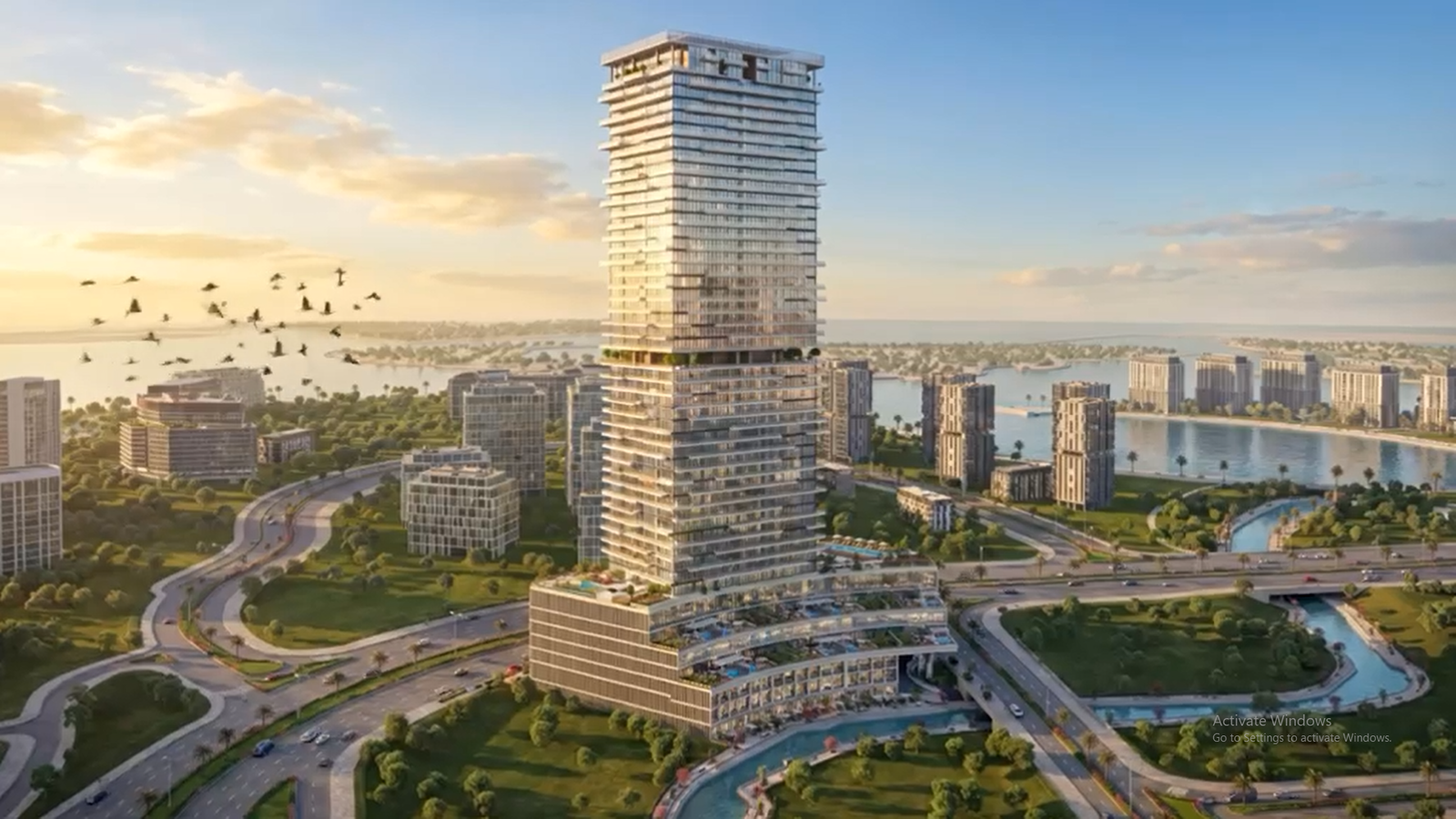 Panoramic canal-front perspective of Radiant Terrace highlighting its prime waterfront location and contemporary high-end residential design.