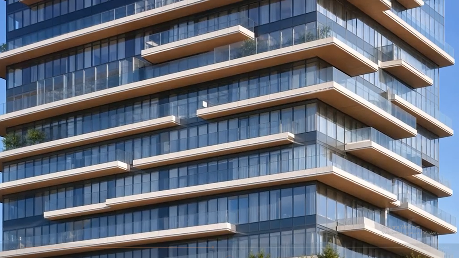 Elevated podium-level view of Radiant Terrace featuring landscaped outdoor spaces, luxury amenities, and serene canal surroundings.